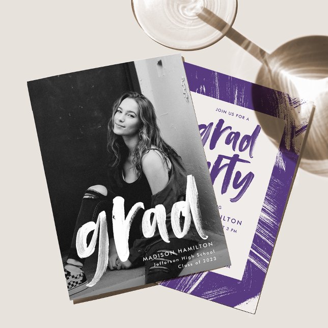 Modern Brush Script Purple Photo Graduation Party Invitation (Creator Uploaded)
