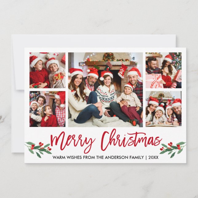 Modern Brush Script Red 5 Photo Family Christmas Holiday Card (Front)