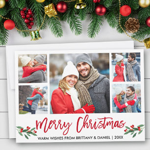 Modern Brush Script Red 5 Photo Merry Christmas Holiday Card