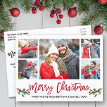 Modern Brush Script Red 5 Photo Merry Christmas Postcard<br><div class="desc">Modern Brush Script 5 Photo Couple Photo Collage Merry Christmas Postcard includes Watercolor Christmas Holly Berries - Red Script</div>