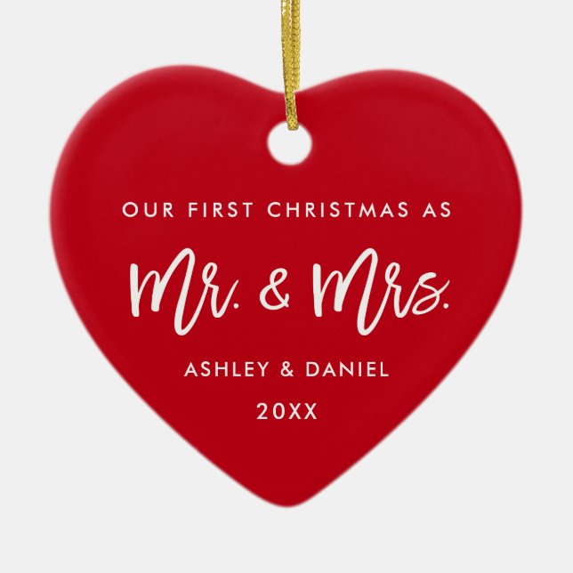 Modern Brush Script  Red First Christmas Mr. Mrs. Ceramic Tree Decoration (Front)
