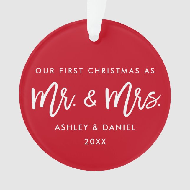Modern Brush Script Red First Christmas Mr. Mrs. Ornament (Front)