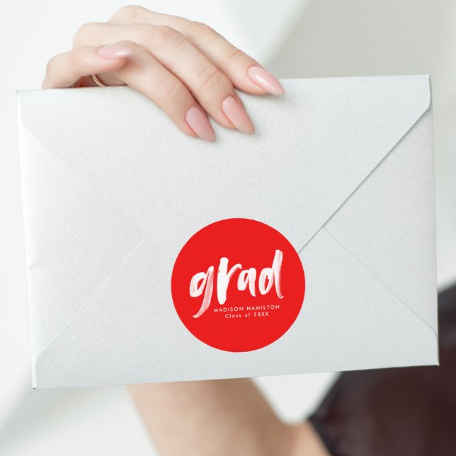 Modern Brush Script Red Graduation Classic Round Sticker (Creator Uploaded)