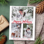 Modern Brush Script Red Happy Holidays 3 Photo Postcard<br><div class="desc">Modern Brush Script Happy Holidays 3 Photo Postcard</div>