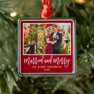 Modern Brush Script Red Married and Merry Metal Tree Decoration