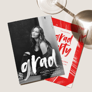 Modern Brush Script Red Photo Graduation Party Invitation