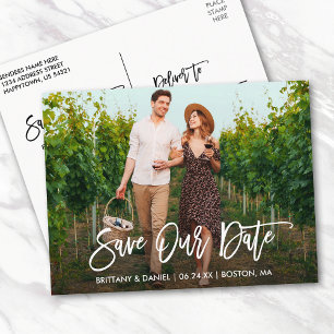 Modern Brush Script Save Our Date Couple Photo Postcard