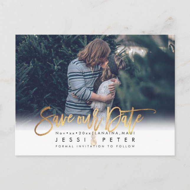 Modern Brush Script Save our Date, Gold Pineapple Announcement Postcard (Front)