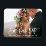 Modern Brush Script Save Our Date Photo Magnet<br><div class="desc">Modern Brush Script Save Our Date Engagement Couple Photo Magnet</div>