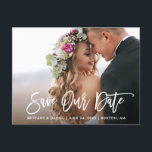 Modern Brush Script Save Our Date Photo Postcard<br><div class="desc">Modern Brush Script Save Our Date Engagement Couple Photo Postcard</div>