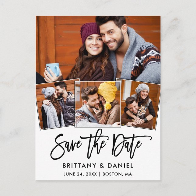 Modern Brush Script Save The Date 4 Photo Couple Postcard (Front)