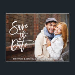 Modern Brush Script Save The Date Couple Photo W Postcard<br><div class="desc">Modern Brush Script Save The Date Engagement Couple Photo Postcard - White Script</div>