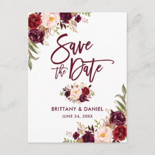 Modern Brush Script Save the Date Floral Burgundy Announcement Postcard