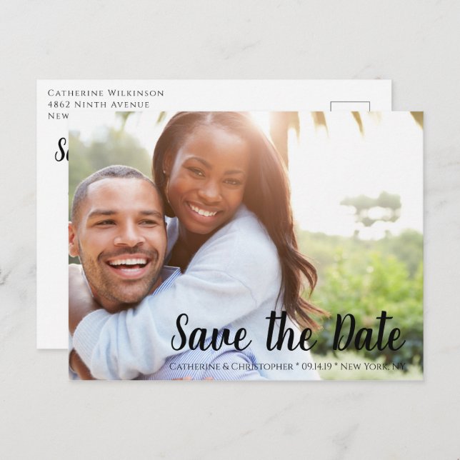 Modern Brush Script Save the Date Photo Wedding Postcard (Front/Back)
