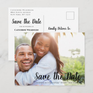 Modern Brush Script Save the Date Photo Wedding Postcard