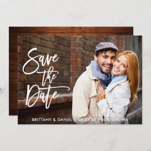 Modern Brush Script Save The Date Wood  Photo Card