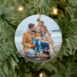 Modern Brush Script Seas and Greetings Photo Ceramic Tree Decoration<br><div class="desc">Modern Brush Script Seas & Greetings Family Photo Ornament - 2 Photos - Front & Back</div>