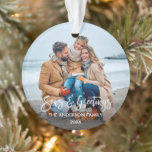Modern Brush Script Seas and Greetings Photo Ornament<br><div class="desc">Modern Brush Script Seas & Greetings Family Photo Ornament - 2 Photos - Front & Back</div>