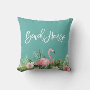 Modern Brush Script Tropical Floral Beach House Cushion