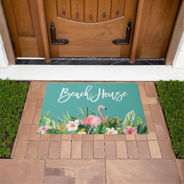 Modern Brush Script Tropical Floral Beach House Doormat (Outdoor)