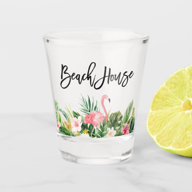 Modern Brush Script Tropical Floral Beach House Shot Glass (Front)