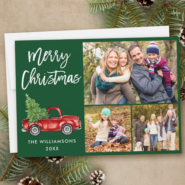 Modern Brush Script Truck 3 Photo Christmas Green Holiday Card (Customize to add text to back of card.)