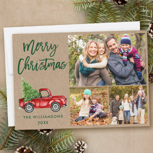 Modern Brush Script Truck 3 Photo Christmas Kraft Holiday Card