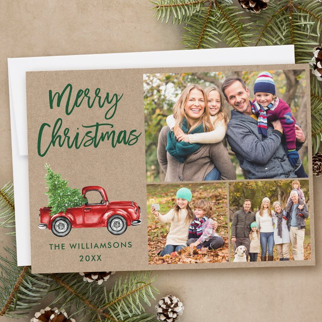 Modern Brush Script Truck 3 Photo Christmas Kraft Holiday Card (Customize to add text to back of card.)