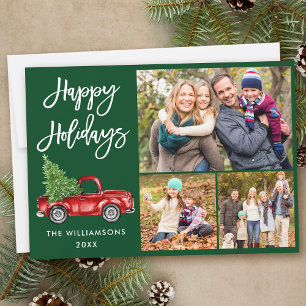 Modern Brush Script Truck 3 Photo Green Holiday Card