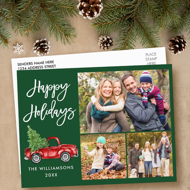 Modern Brush Script Truck 3 Photo Green Holiday Postcard (Customize to change your personalized text size or text style.)