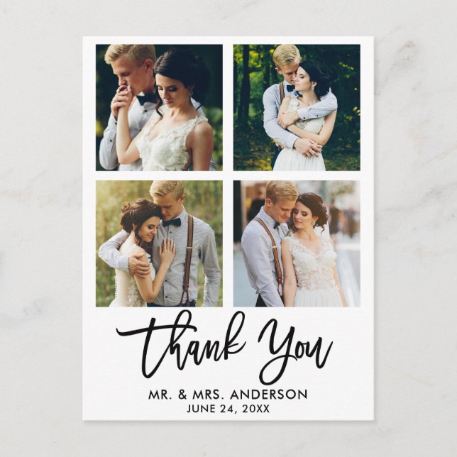 Modern Brush Script Wedding 4 Photo Thank You Postcard (Front)