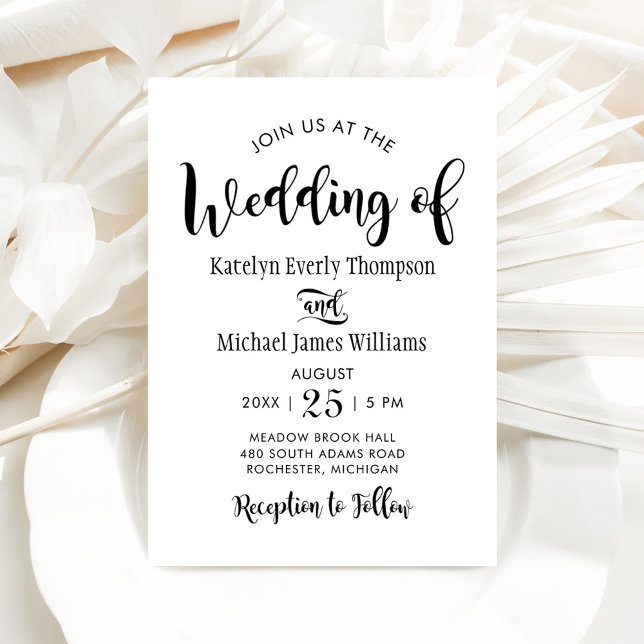 Modern Brush Script Wedding Black and White Invitation (Creator Uploaded)
