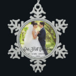 Modern Brush Script Wedding Our First Christmas Snowflake Pewter Christmas Ornament<br><div class="desc">Modern Brush Script Our First Christmas Wedding Photo Ornament</div>