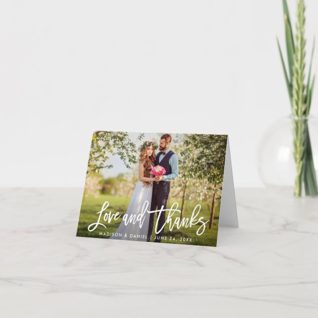 Modern Brush Script Wedding Photo Love Thanks Note Card (Front)