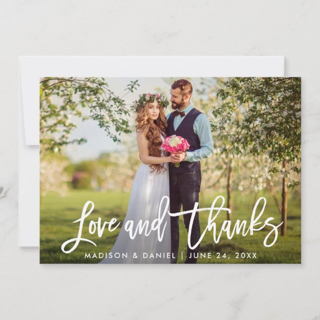 Modern Brush Script Wedding Photo Love Thanks Thank You Card (Front)