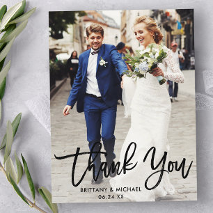 Modern Brush Script Wedding Photo Thank You Postcard