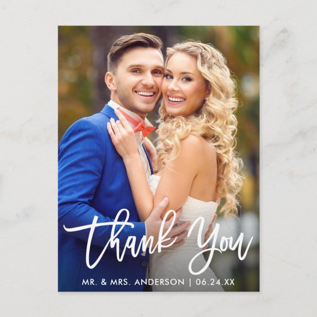 Modern Brush Script Wedding Photo Thank You Postcard (Front)