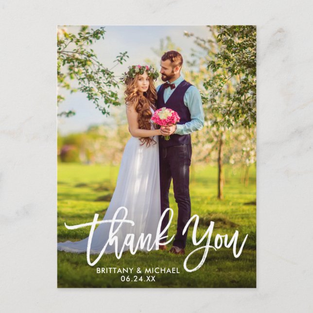 Modern Brush Script | Wedding Photo Thank You W Postcard (Front)