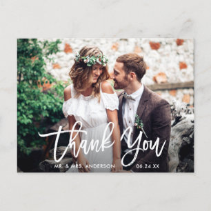 Modern Brush Script Wedding Photo Thank You Wht Postcard