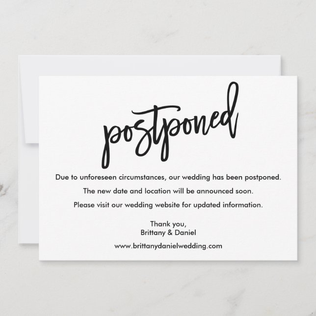 Modern Brush Script Wedding Postponed Card (Front)