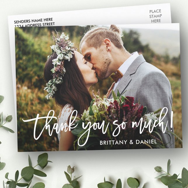 Modern Brush Script Wedding Thank You So Much Wht Postcard (Customize to change your personalized text size or text style.)