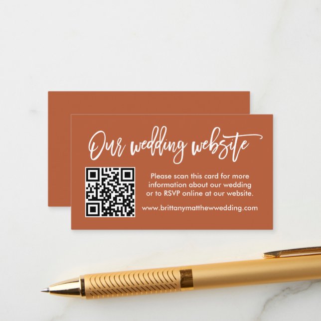 Modern Brush Script Wedding Website QR Terracotta Enclosure Card (Front/Back In Situ)
