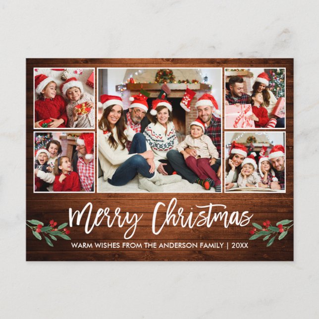 Modern Brush Script Wood 5 Photo Family Christmas Postcard (Front)