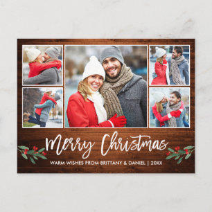 Modern Brush Script Wood 5 Photo Merry Christmas Postcard