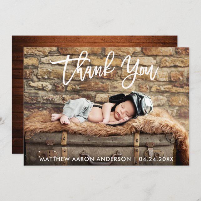 Modern Brush Script Wood New Baby Thank You Card (Front/Back)