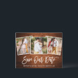 Modern Brush Script Wood Save Our Date 3 Photo Postcard<br><div class="desc">Modern Brush Script Rustic Wood Save Our Date Engagement Couple 3 Photo Postcard</div>