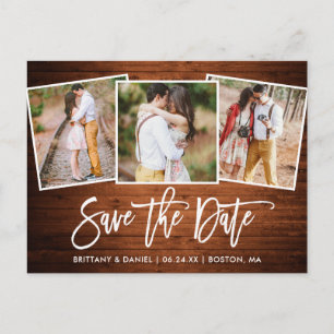 Modern Brush Script Wood Save The Date 3 Photo Postcard