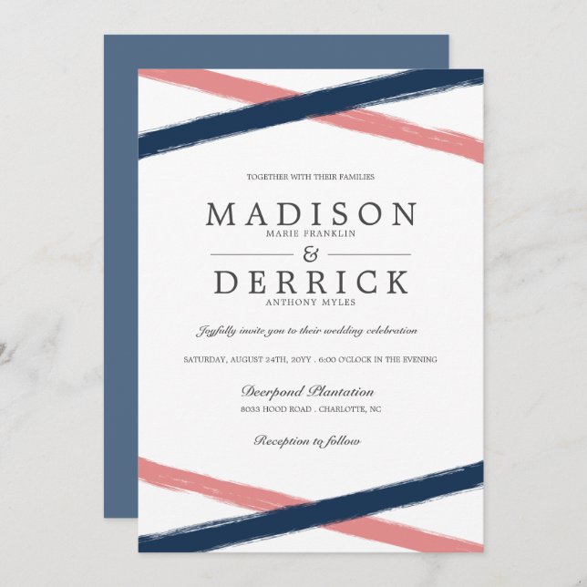 Modern Brush Strokes Wedding | Navy Coral Invitation (Front/Back)