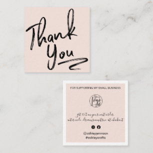 Modern brush thank you script order blush pink square business card