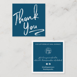 Modern brush thank you script order navy blue square business card